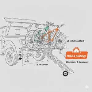Technische Daten und Maße vom Fahrradträger mit Rampe für Pickup Anhängerkupplung.