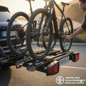 Breite Radhalterungen für Mountainbikes am Schwerlast Fahrradträger mit Rampe für Anhängerkupplung.
