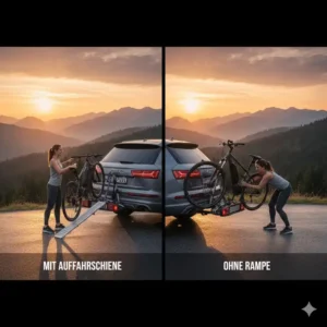 Infografik zu den ergonomischen Vorteilen vom Fahrradträger mit Rampe für SUV Anhängerkupplung gegenüber Hebesystemen.