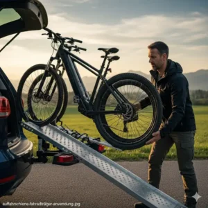 Eine Person nutzt die Schiene beim Fahrradträger mit Rampe für 2 Fahrräder zum einfachen Beladen.