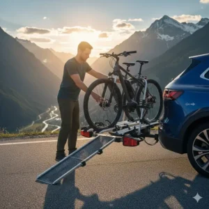 Ein Mann nutzt die Auffahrschiene am Plattform Fahrradträger mit Rampe für Anhängerkupplung zum einfachen Beladen.