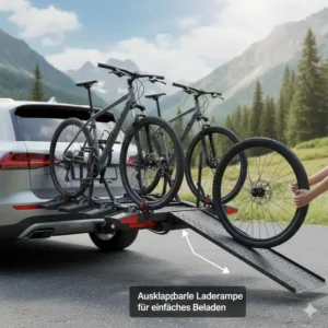 Die ausklappbare Ladeschiene am Fahrradträger mit Rampe für 4 Fahrräder erleichtert das Aufschieben.