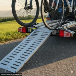 Nahaufnahme der stabilen Auffahrschiene am Fahrradträger mit Rampe für 2 Fahrräder.