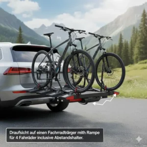 Detailansicht der Schienen und Halterungen vom Fahrradträger mit Rampe für 4 Fahrräder.