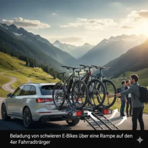 Auch schwere E-Bikes lassen sich auf dem Fahrradträger mit Rampe für 4 Fahrräder sicher transportieren.