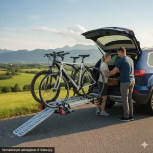 Der praktische Abklappmechanismus beim Fahrradträger mit Rampe für 2 Fahrräder für den Kofferraumzugang.