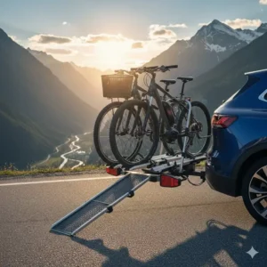 Stabiler Plattform Fahrradträger mit Rampe für Anhängerkupplung mit hoher Traglast ideal für schwere Elektrofahrräder.