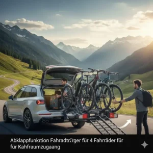 Praktische Abklappfunktion beim Fahrradträger mit Rampe für 4 Fahrräder für freien Zugang zum Kofferraum.