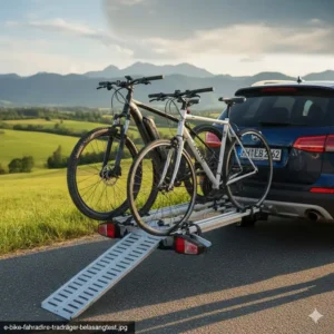 Ein robuster Fahrradträger mit Rampe für 2 Fahrräder beladen mit zwei schweren Elektrofahrrädern.