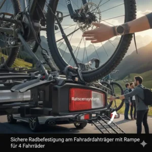 Sicheres Ratschensystem zur Radfixierung am Fahrradträger mit Rampe für 4 Fahrräder.
