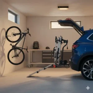 Platzsparende Lagerung in der Garage für den zusammengeklappten Plattform Fahrradträger mit Rampe für Anhängerkupplung.