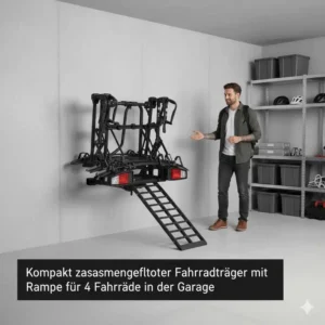 Platzsparende Lagerung: Ein zusammengeklappter Fahrradträger mit Rampe für 4 Fahrräder in der Garage.
