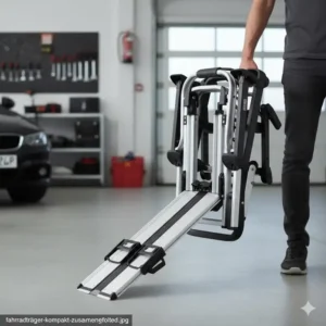 Kompaktes Design: Der zusammengefaltete Fahrradträger mit Rampe für 2 Fahrräder zum einfachen Verstauen.