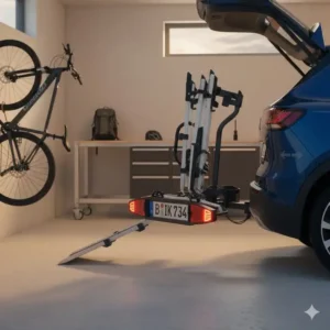Die integrierte Beleuchtung und Kennzeichenhalterung am Plattform Fahrradträger mit Rampe für Anhängerkupplung.
