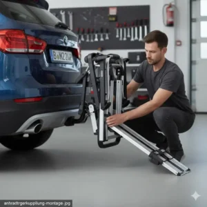 Die einfache Montage auf der Anhängerkupplung für den Fahrradträger mit Rampe für 2 Fahrräder.