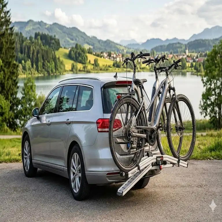 Ein hochwertiger klappbarer Fahrradträger mit Rampe für Anhängerkupplung montiert an einem PKW mit zwei E-Bikes.