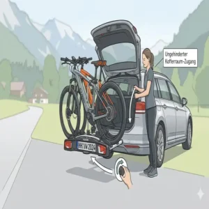 Die praktische Kippfunktion für den kippbarer Fahrradträger mit Rampe ermöglicht freien Zugang zum Kofferraum.