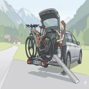 Illustration der Nutzung der Auffahrschiene für einen kippbarer Fahrradträger mit Rampe beim Beladen.