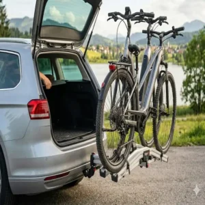 Der klappbarer Fahrradträger mit Rampe für Anhängerkupplung im abgeknickten Zustand ermöglicht freien Zugang zum Kofferraum.