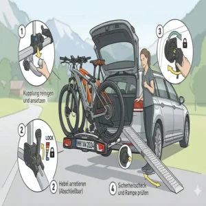 Schritt-für-Schritt Montageanleitung für einen kippbarer Fahrradträger mit Rampe auf der Anhängerkupplung.