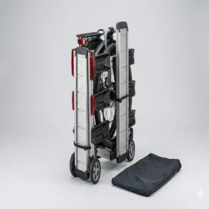 Platzsparende Lagerung: Ein kompakt zusammengeklappter klappbarer Fahrradträger mit Rampe für Anhängerkupplung.