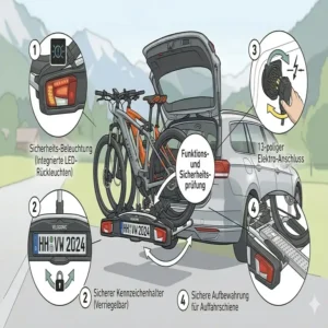 Technische Details und Sicherheitsbeleuchtung für einen kippbarer Fahrradträger mit Rampe.