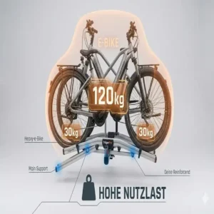 Illustration der hohen Traglast: Klappbarer Fahrradträger mit Rampe für Anhängerkupplung speziell für E-Bikes.