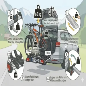 Infografik zur maximalen Traglast und Stabilität für einen kippbarer Fahrradträger mit Rampe.