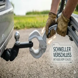 Einfache Montage auf dem Kugelkopf: Ein moderner klappbarer Fahrradträger mit Rampe für Anhängerkupplung.