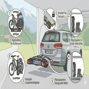 Platzsparende Lagerung und Klappmechanismus für einen kippbarer Fahrradträger mit Rampe.