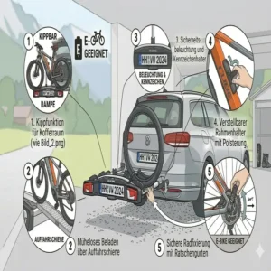 Sichere Befestigung der E-Bikes durch Ratschengurte an einem kippbarer Fahrradträger mit Rampe.