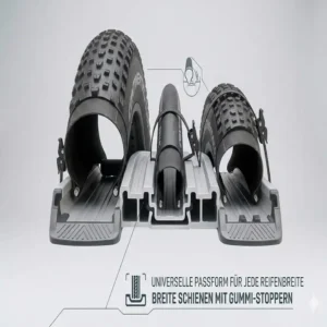 Universelle Passform für verschiedene Reifenbreiten auf dem klappbarer Fahrradträger mit Rampe für Anhängerkupplung.