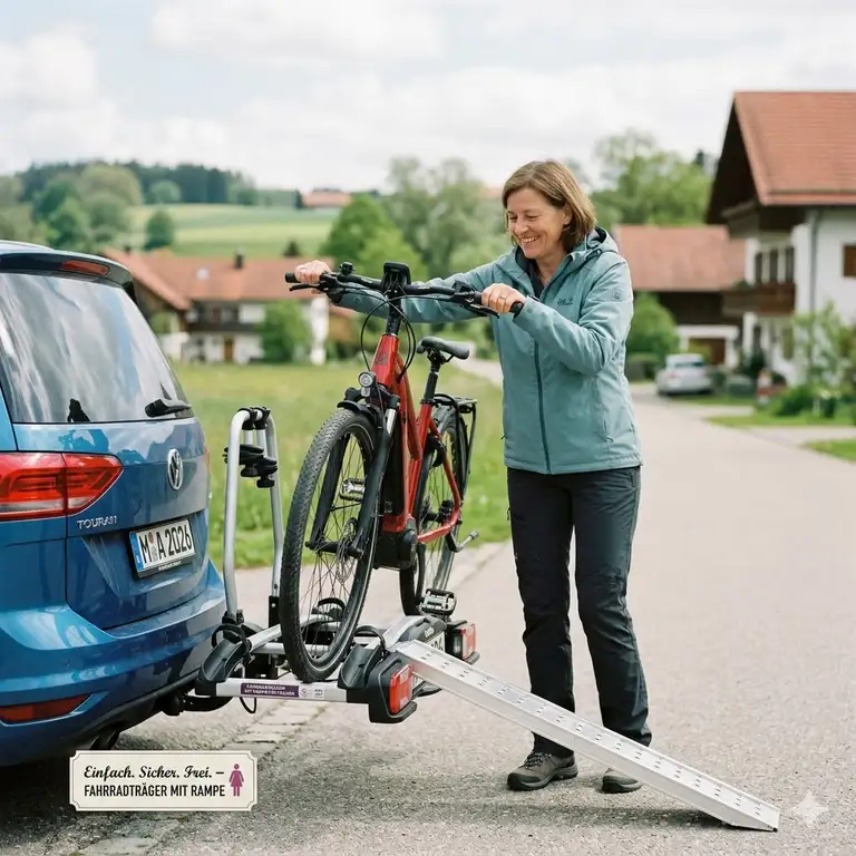 Frau benutzt einen modernen Fahrradträger mit Rampe für Frauen zum mühelosen Verladen ihres E-Bikes.