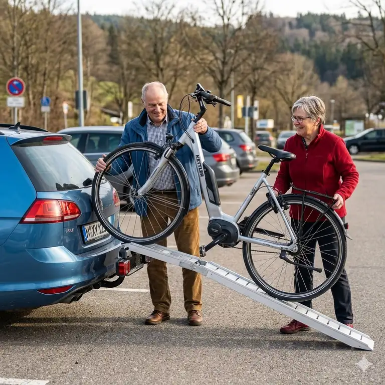 Ein Ehepaar nutzt einen Fahrradträger mit Rampe für Senioren zum einfachen Beladen ihrer E-Bikes.