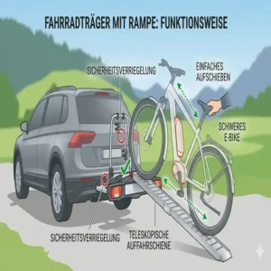 Die Funktionsweise erklärt: So einfach funktioniert der Fahrradträger mit Rampe ohne Anheben beim Beladen.