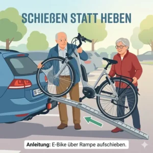 Schritt-für-Schritt Anleitung zur Nutzung der Schiene am Fahrradträger mit Rampe für Senioren.