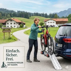 Eine Grafik verdeutlicht die Kraftersparnis durch einen Fahrradträger mit Rampe für Frauen.