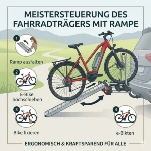 Schritt-für-Schritt-Anleitung zur einfachen Handhabung eines Fahrradträger mit Rampe für Frauen.