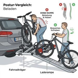 Vergleich der Körperhaltung: Ergonomisches Schieben dank dem Fahrradträger mit Rampe bei Rückenproblemen.