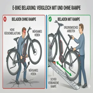 Ein direkter Vergleich zeigt die Vorteile: Beladen mit einem Fahrradträger mit Rampe ohne Anheben vs. manuelles Heben.