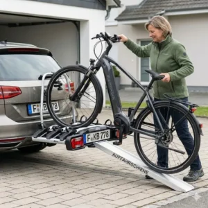 E-Bike bereit für einen Fahrradträger mit Rampe für leichtes Aufladen.
