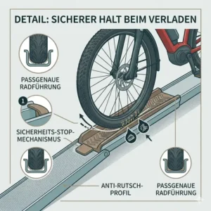 Detailansicht der stabilen Radführung an einem Fahrradträger mit Rampe für Frauen.