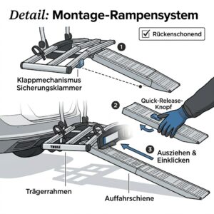 Detailansicht der Montageschiene am Fahrradträger mit Rampe bei Rückenproblemen für maximale Sicherheit.