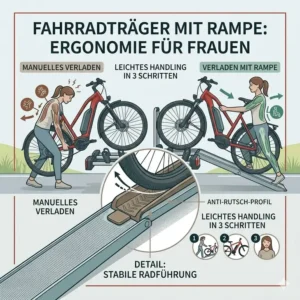 Darstellung der Kompatibilität schwerer E-Bikes mit dem Fahrradträger mit Rampe für Frauen.