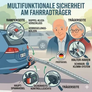 Wichtige Sicherheitsmerkmale und Verriegelungen am Fahrradträger mit Rampe für Senioren.