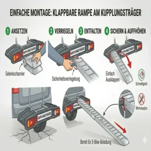 Infografik zur schnellen Montage und Vorbereitung der Schiene am Fahrradträger mit Rampe ohne Anheben.