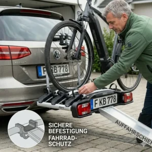 Kompakte Lagerung vom Fahrradträger mit Rampe für leichtes Aufladen in der Garage.