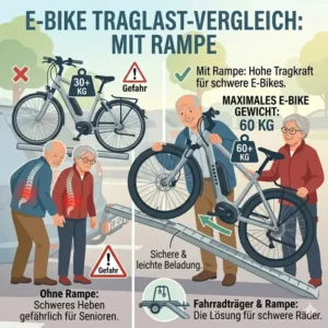 Maximale Traglast und E-Bike Kompatibilität für den Fahrradträger mit Rampe für Senioren.