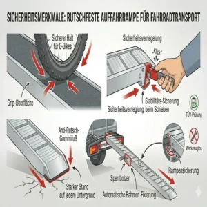 Illustration der Sicherheitsmerkmale und der stabilen Auffahrschiene beim Fahrradträger mit Rampe ohne Anheben.