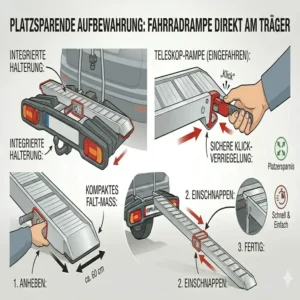 Platzsparende Aufbewahrung der Rampe direkt am Gehäuse vom Fahrradträger mit Rampe ohne Anheben.